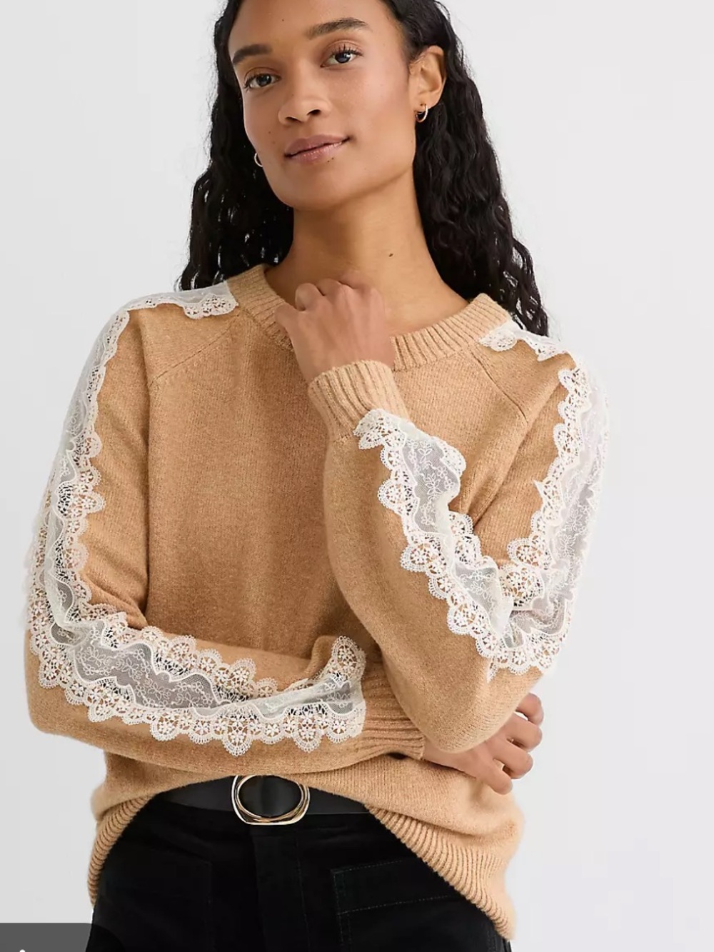 NWT Loft Lace Sleeve Sweater Tan M